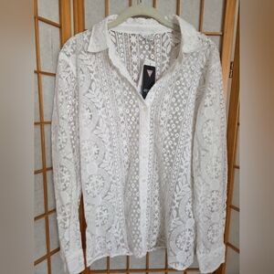 NWT WOMENS GUESS LS DELORIS EMBROIDERED PURE WHITE LACE SHIRT BLOUSE SIZE SMALL
